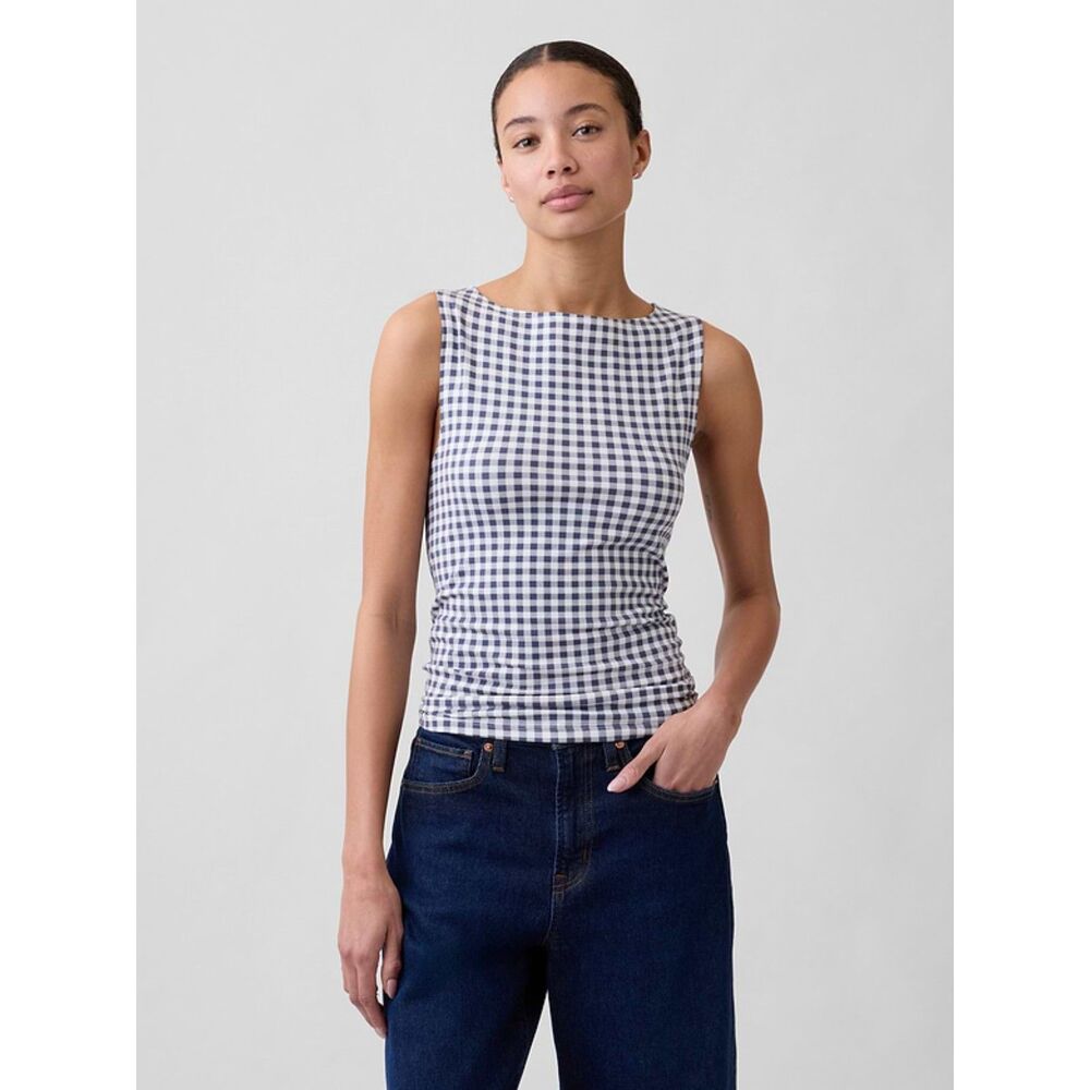 NWT Gap Navy Blue White Gingham Boat Neck Tank Top Size M